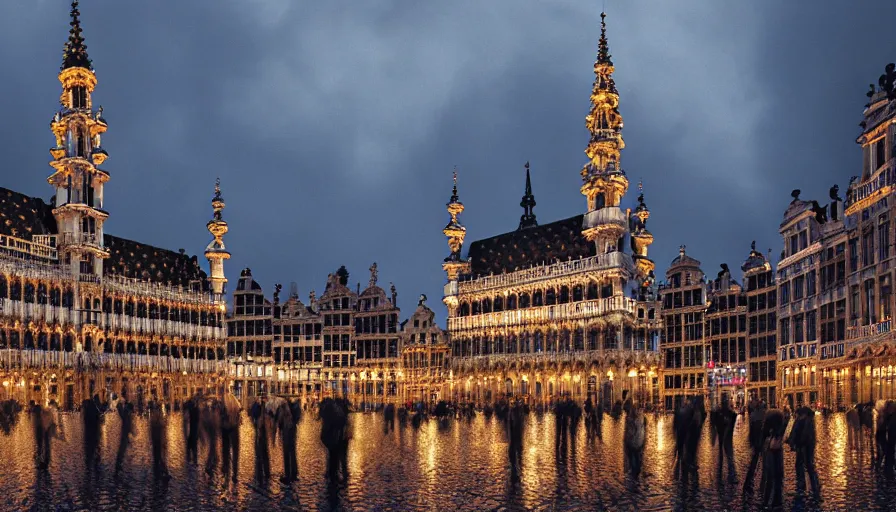 Prompt: grand place of brussels, rainy evening, people with umbrellas, hyperdetailed, artstation, cgsociety, 8 k