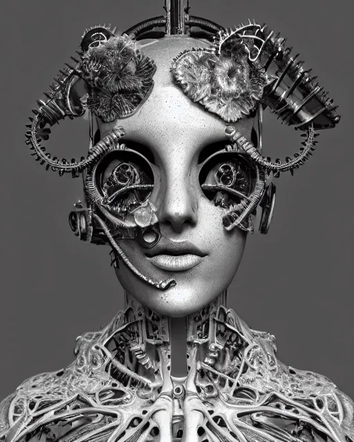 Image similar to black and white dreamy foggy smoky profile face portrait, one silver steampunk realistic eye biomechanical beautiful young female cyclope - cyborg - robot bust, body ribs meshes,, volumetric light, hibiscus flowers, by hg giger, rim light, by dora maar and cecile beaton, big gothic fashion pearl embroidered collar, 8 k