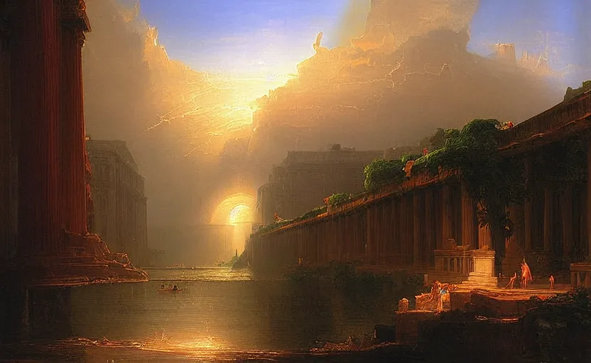 Prompt: a city of light under the ancient runs by thomas cole