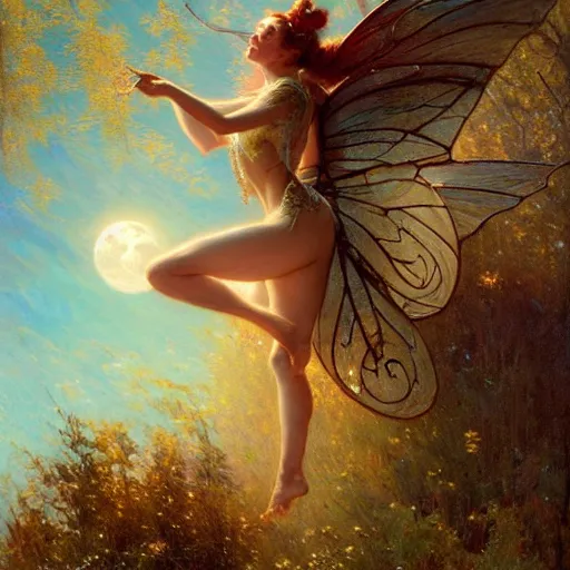 Image similar to attractive fairy magically floating high in the night, fantasy, full moon in background. highly detailed painting by gaston bussiere, craig mullins, j. c. leyendecker, mid shot, 8 k realistic, cryengine, frostbite 3 engine, sharp focus