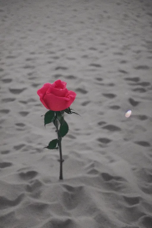 Prompt: agfa vista 4 0 0 photograph of a single rose growing in the desert sand, synth vibe, vaporwave colors, lens flare, moody lighting, moody vibe, telephoto, 9 0 s vibe, blurry background, grain, tranquil, calm, faded!,