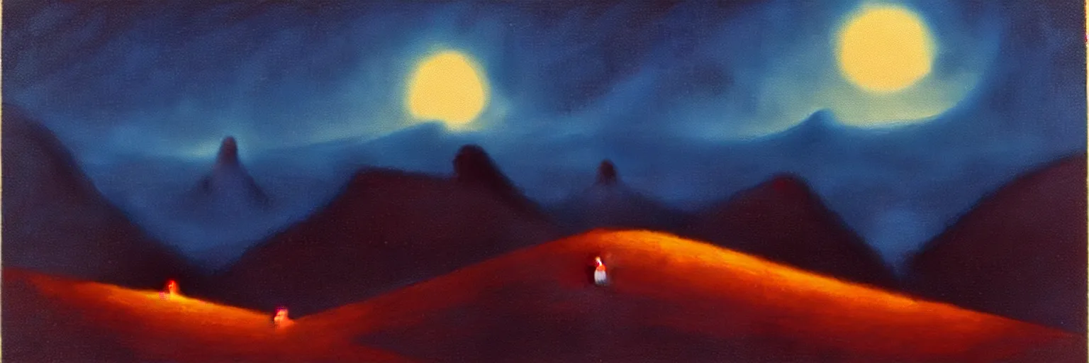 Image similar to cartoon paul lehr narrow night landscape with farawaymountains dark blue tones