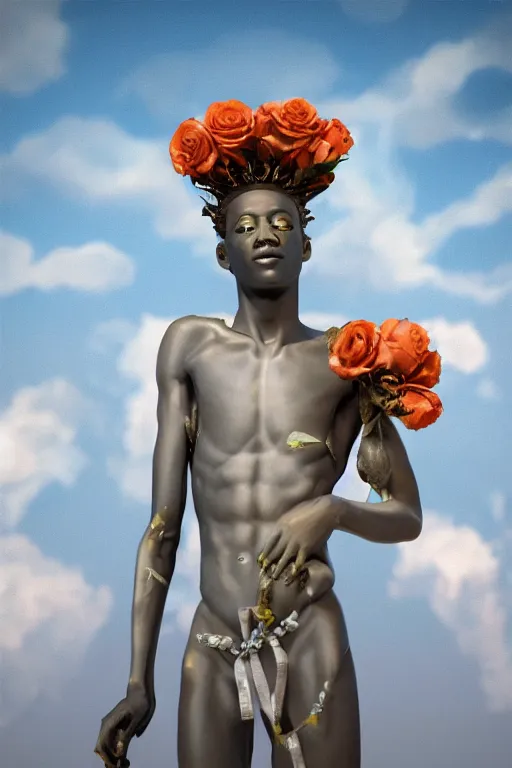 Image similar to milky quartz statue of a beautiful basquiat wearing a crown full of peach roses and reaching to the sky. rococo style scroll ribbon wirling across the sky, papyrus, background heavenly sky, marble, Trending on artstation. halo. octane render, cinematic, hyper realism, octane render, 8k, depth of field, 3D