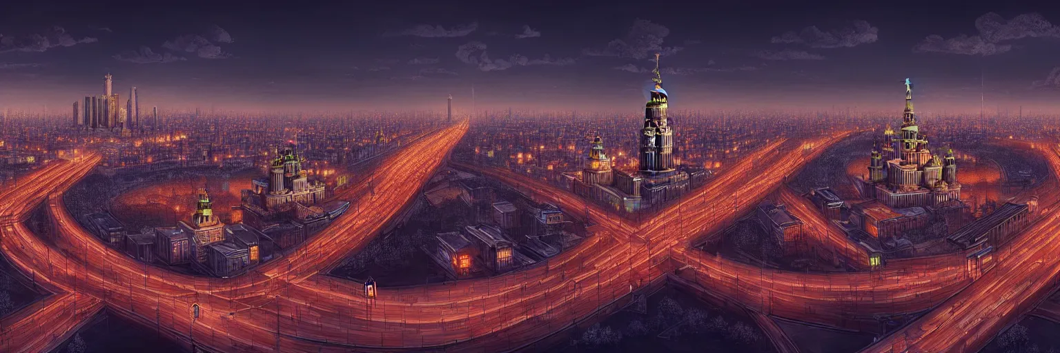 Image similar to a beautiful highly detailed matte painting of a night at Moscow city, by Jose Daniel Cabrera Pena and Leonid Kozienko concept art by Tooth Wuan