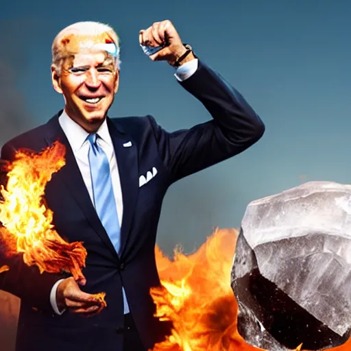 Image similar to UHD candid photo of Joe Biden holding up a big quartz crystal with Hunter Biden setting it on fire, UHD, photorealistic, correct face, photo by Annie Leibowitz