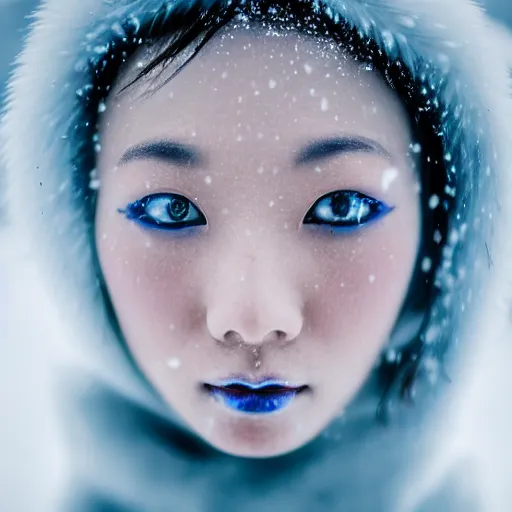 Image similar to the piercing stare of yuki onna, snowstorm, blizzard, mountain snow, canon eos r 6, bokeh, outline glow, asymmetric beauty, blue skin