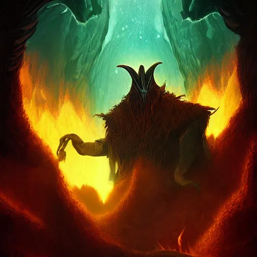 Image similar to Digital art by Anato Finnstark. Gandalf stands on a narrow bridge in the dwarven mines. A Balrog a creature of flame and shadow roars at him.