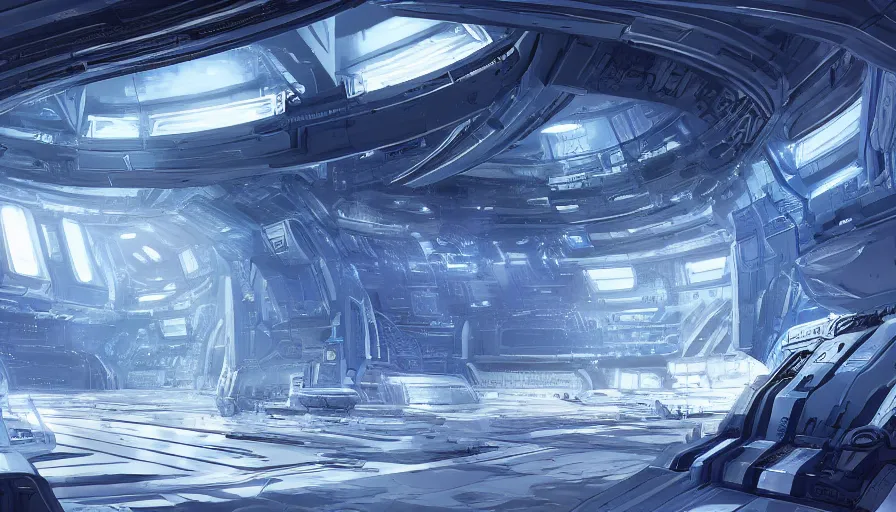 Image similar to Interior of a huge and bright blue and silver space base, hyperdetailed, artstation, cgsociety, 8k