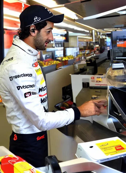 Prompt: photo of f 1 driver, daniel ricciardo, working as a cashier at mcdonalds