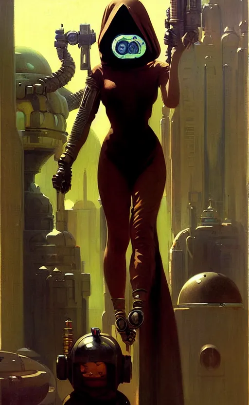 Image similar to pulp scifi fantasy spot illustrations of various character concepts, android girl, burka, futuristic design, crafting, diy, by norman rockwell, roberto ferri, daniel gerhartz, edd cartier, jack kirby, howard brown, ruan jia, tom lovell, jacob collins, dean cornwell, astounding stories, amazing, fantasy, other worlds