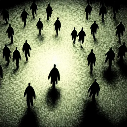 Image similar to mob of faceless shadow zombies. high angle from 2 nd floor cinematic movie photograph looking down diagonally across a spooky dark very foggy main street intersection in an abandoned small town at night, muted greens muted yellows color palette. dozens of faceless ghouls walking towards us menacingly through the dense fog. 2 point perspective. overrun with dark zombie shadows.