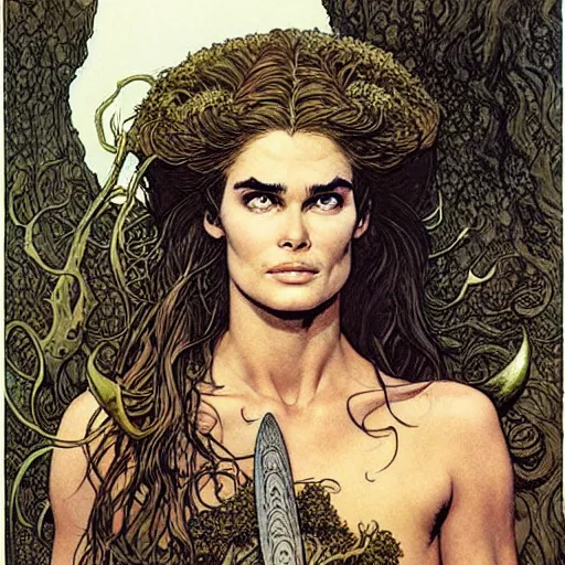 Image similar to a realistic, very beautiful and atmospheric portrait of young brooke shields as a druidic warrior wizard looking at the camera with an intelligent gaze by rebecca guay, michael kaluta, charles vess and jean moebius giraud