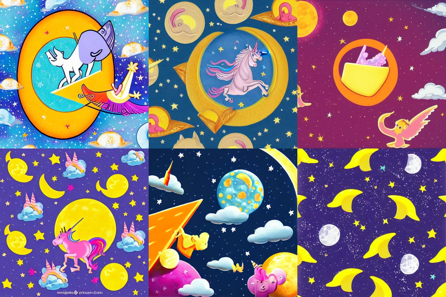 Prompt: cheese moon with flying unicorns in space