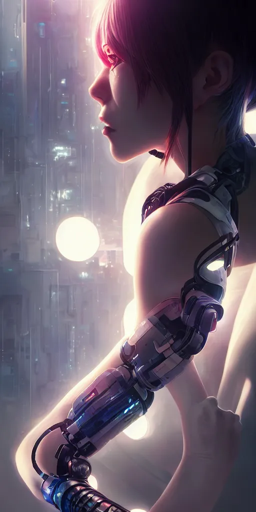 Image similar to realistic render of a cyborg - girl tearing off an arm by ross draws, futuristic dystopian city by ilya kuvshinov, digital anime art by ross tran, extreme intricate details, composition by sana takeda, lighting by greg rutkowski