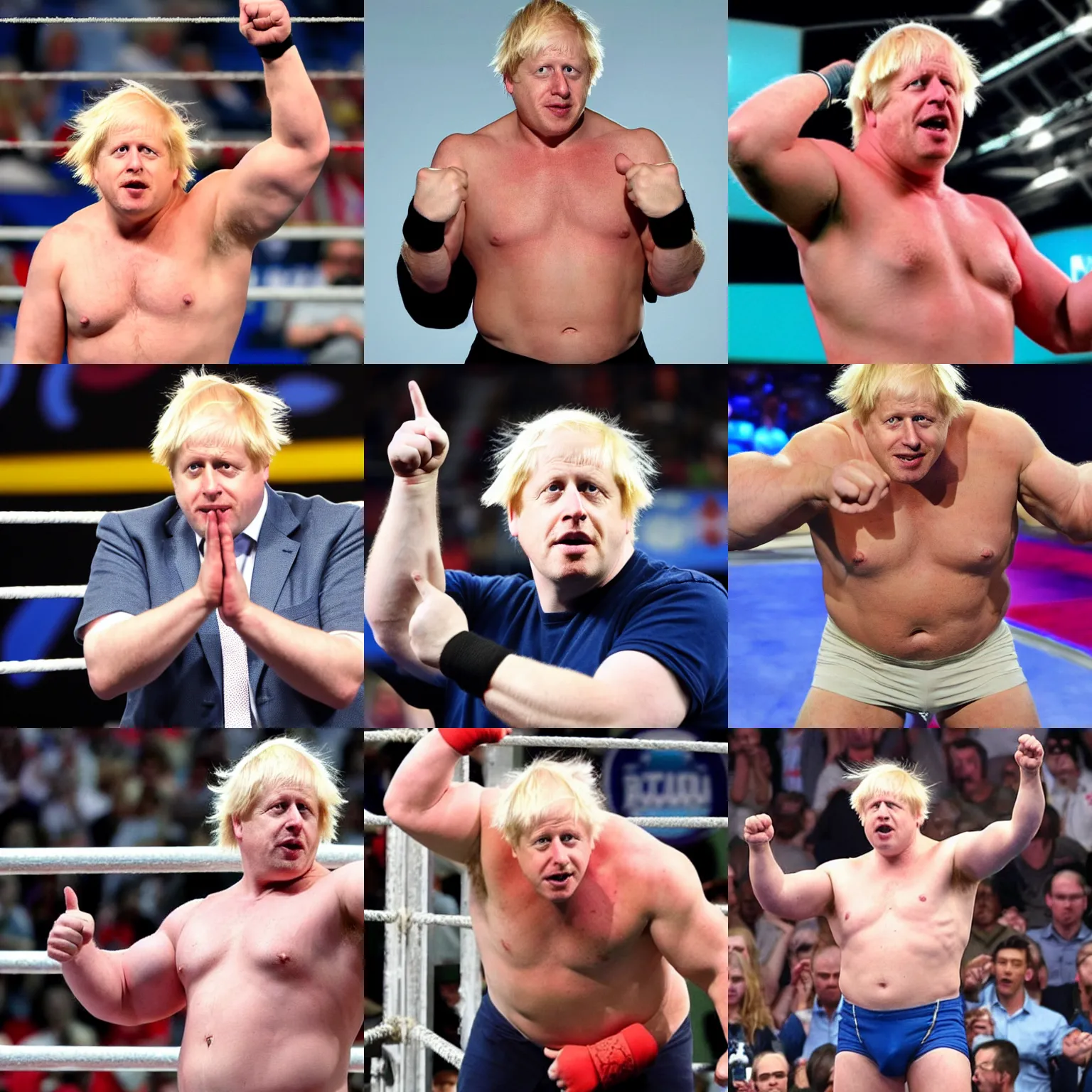 Prompt: boris johnson as a muscular wwe wrestler. he is wearing a cap. he is holding his open hand high with open fingers and hiding his face with his hand