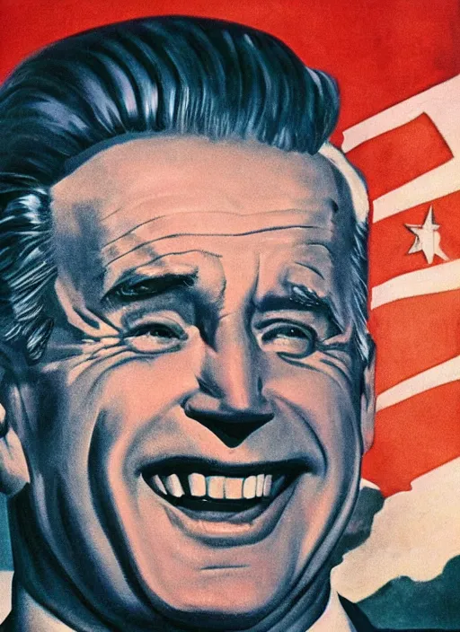 Prompt: joe biden staring directly at you ominously with an eerie comically big scary smile, 1940s scare tactic propaganda art