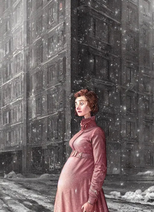 Image similar to full-length portrait of a pregnant woman on the street of besieged Leningrad, historically reliable photo chronicle, winter 1941, , ultra detailed, digital art, octane render, 4K, dystopian, micro details, in the style of Ilya Kuvshinov and Range Murata