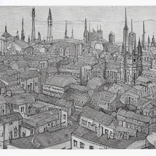 Prompt: a beautiful detailed inked drawing of a Victorian cityscape by Wed Anderson, muted colors