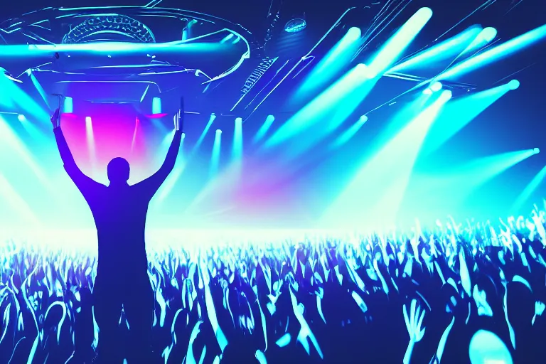 Image similar to dj on stage spinning records with headphones looking over crowd partying with their hands up at a club, volumetric lighting, haze, moving heads light beams, spot lights, disco ball, silhouette, digital art, trending on artstation, 4k, unreal engine, intricate, ornate