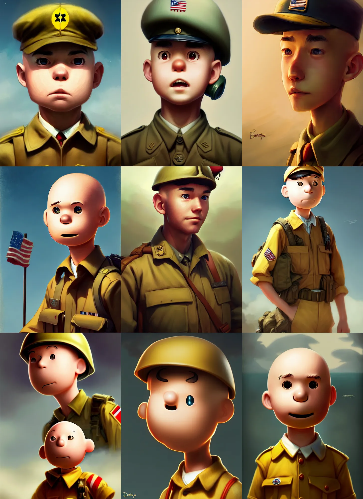 Prompt: beautiful portrait of charlie brown serving on d - day during world war 2. character design by disney, charlie bowater, ross tran, artgerm, and makoto shinkai, detailed, soft lighting, rendered in octane