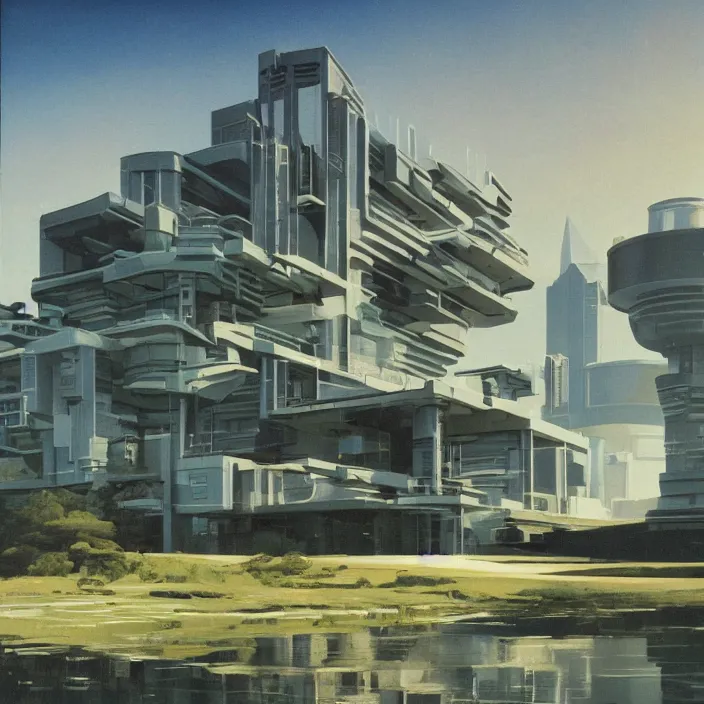 Prompt: a building in a serene landscape, retrofuturism