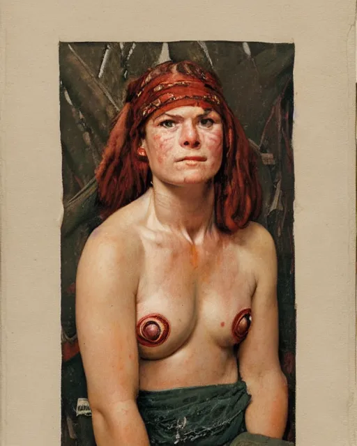 Image similar to frontal portrait of a savage muscular barbarian female, by norman rockwell