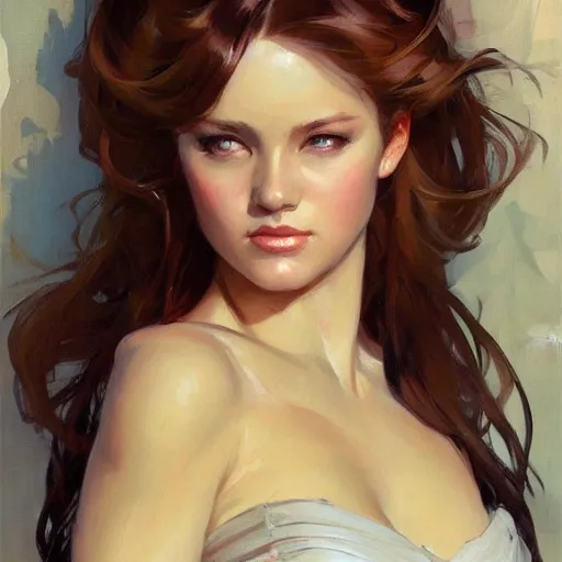 Image similar to painted portrait of a beautiful woman by artgerm, gil elvgen, greg manchess, mucha