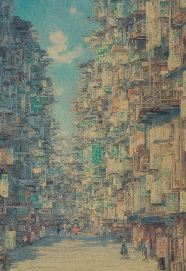 Image similar to a beautiful japanese city near the sea, ryokans and edo era houses, cyberpunk, lofi vibe, oil painting in impressionist style, by monet, by makoto shinkai, multiple brush strokes, inspired by ghibli, masterpiece