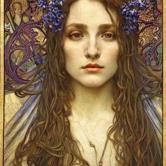 Image similar to detailed realistic beautiful young medieval queen face portrait by jean delville, alphonse mucha, vincent van gogh, and marco mazzoni, art nouveau, symbolist, visionary, gothic, pre - raphaelite
