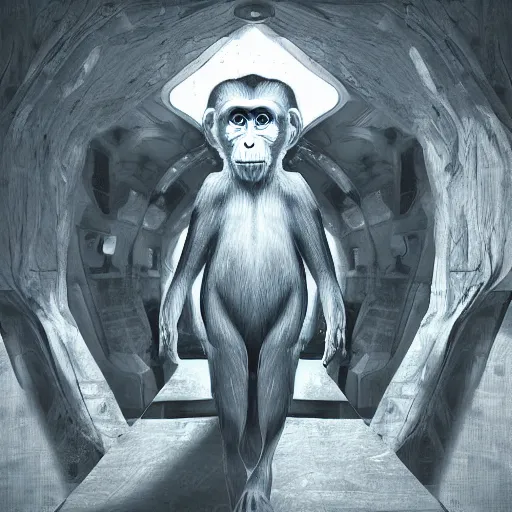 Image similar to macaque inside alien base, digital art, soft shadows, creepy art