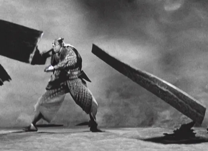 Image similar to a movie still of a samurai slicing through a loaf of bread by Akira Kurosawa