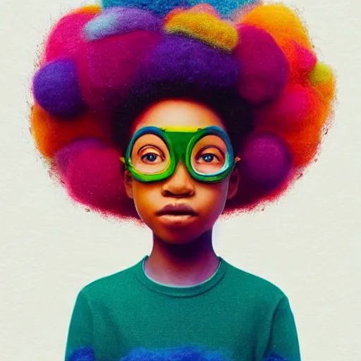 Image similar to a black girl with a colorful afro and rainbow eyes, in a candy forest! at night, bokeh, bright colours, watercolor, volumetric wool felting, macro photography, children illustration, by goro fujita