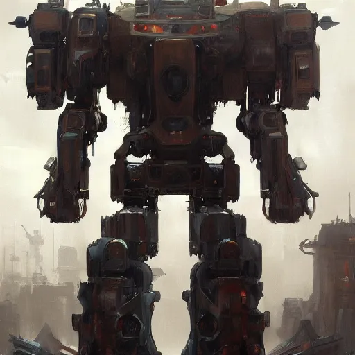 Image similar to a full length portrait of a giant autonomous polished steel battle mecha, a moody sci - fi painting by grosnez and juan pablo roldan, trending on artstation, smooth arstation, detailed, highly detailed matte painting, cinematic