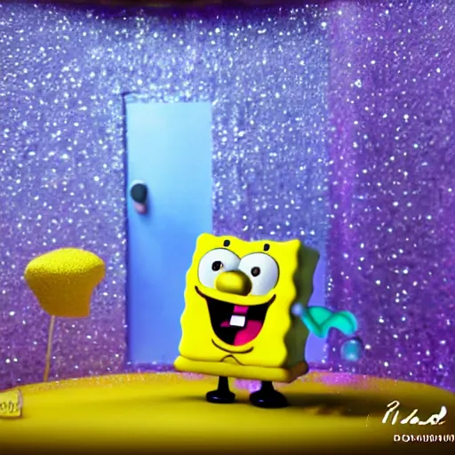 Image similar to Sponge Bob with silver-violet hair, white eyes and golden glittery dress, wide lens, diorama, 4k,