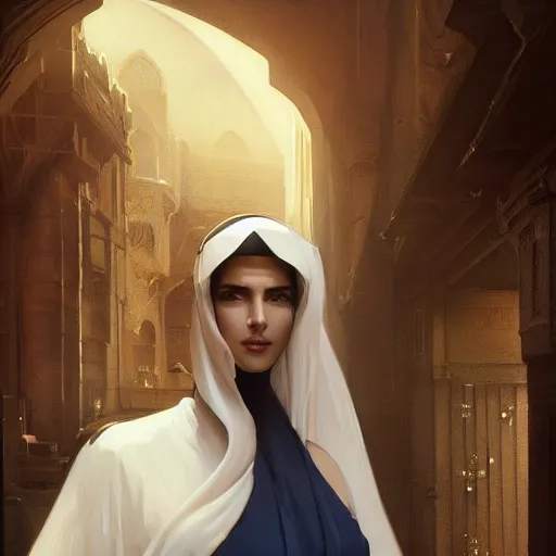 Prompt: a hyperrealistic render of an arab ameera al taweel, blue eyes, black hair, white veil,by WLOP,Artgerm,Greg Rutkowski,Alphonse Mucha, Beautiful dynamic dramatic dark moody lighting,shadows,cinematic atmosphere,Artstation,concept design art,Octane render,8K