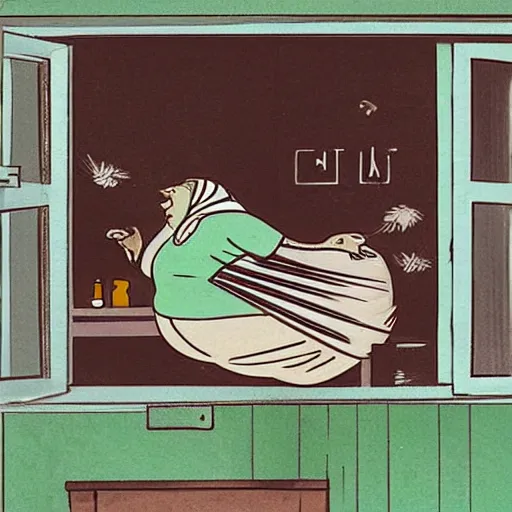 Image similar to a modeen etchine art work of a fat old woman flying trough the window into the kitchen. funny scene