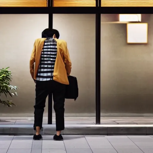 Image similar to japanese salary man leaving work drunk, sad atmosphere