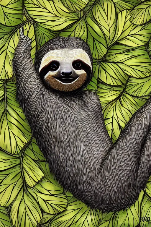 Image similar to a sloth made from leaves, highly detailed, digital art, sharp focus, trending on art station, plant, anime art style