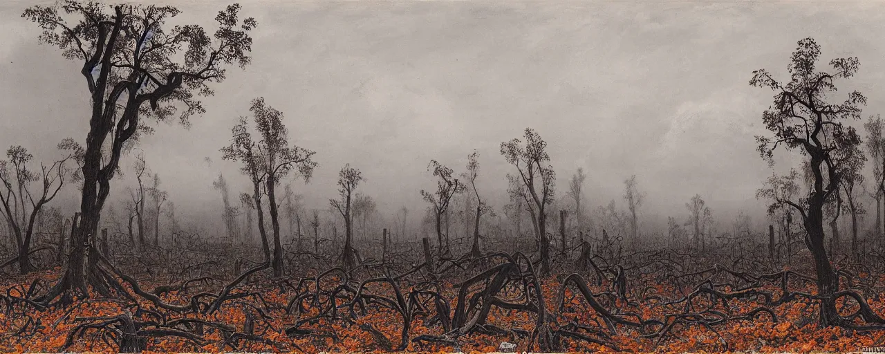 Image similar to a large pumpkin patch vines surrounded by dead trees spooky fog shrouded landscape, fall, matte painting, by Isaac Levitan and Vasily Perov