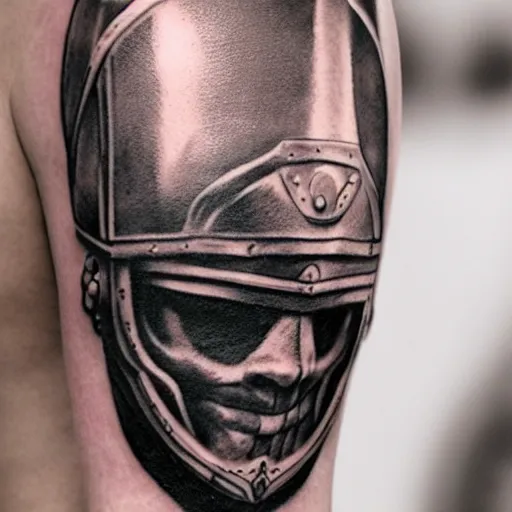 Image similar to an up close gladiator with shield and sword, tattoo, tattoo art, Black and grey tattoo style,