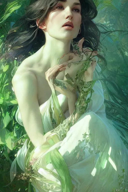 Image similar to perfect green, dreamy and ethereal,, fantasy, intricate, elegant, highly detailed, digital painting, artstation, concept art, smooth, sharp focus, illustration, art by artgerm and greg rutkowski and alphonse mucha