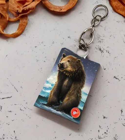 Prompt: realistic keychain of a bear eating a salmon under the northern lights