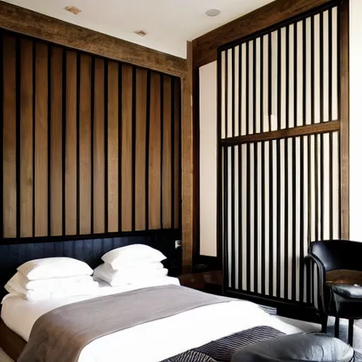 Image similar to bedroom, stone, interior design, stylish luxury hotel bedroom design, yakisugi, black vertical slatted timber, textures, feminine, black walls, art, vase with flowers, Japanese influences