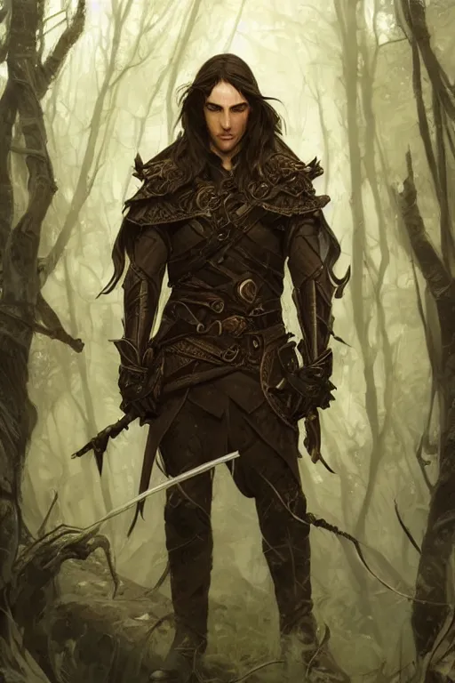 Image similar to portrait of male half - elf rogue, face, deep forest on whole background, dark fantasy, intricate, elegant, highly detailed, digital painting, artstation, concept art, smooth, sharp focus, illustration, art by artgerm and greg rutkowski and alphonse mucha, wlop