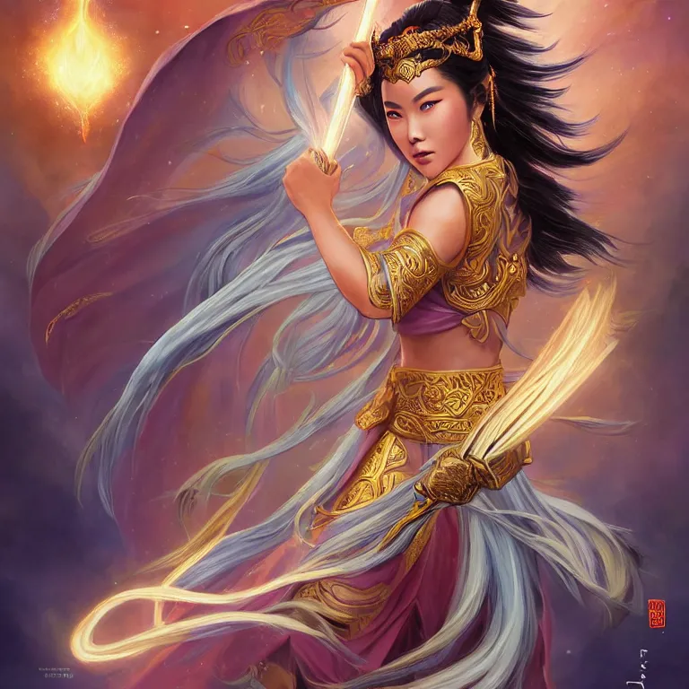 Prompt: beautiful cinematic fantasy poster, a beautiful vietnamese goddess warrior wearing a long flowy ao yai with enbroidered flowers with flowing illuminated hair throwing a banh mi towards camera, beautiful glowing galaxy eyes, wideshot ultrawide angle epic scale, hybrid from The Elden Ring and art direction by Darius Zawadzki ;by artgerm; wayne reynolds art station; cinematic quality character render; low angle; ultra high quality model; production quality cinema model;