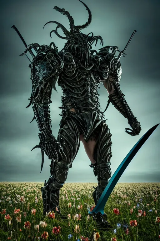 Image similar to neo - gothic giant muscular humanoid chimera, exoskeleton armor, holding katana, standing in a field of flowers, highly detailed smooth concept art masterpiece, vitaly bulgarov giger dramatic dark teal light, ground angle hd 8 k, sharp focus