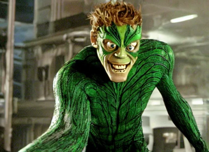 Image similar to film still of Willem Dafoe as Green Goblin in Spider-man 2002