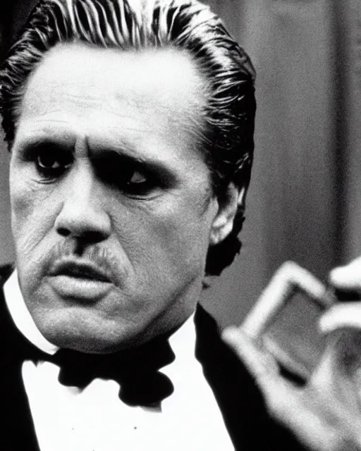 Image similar to film still close up shot of gary busey as vito corleone from the movie the godfather. photographic, photography
