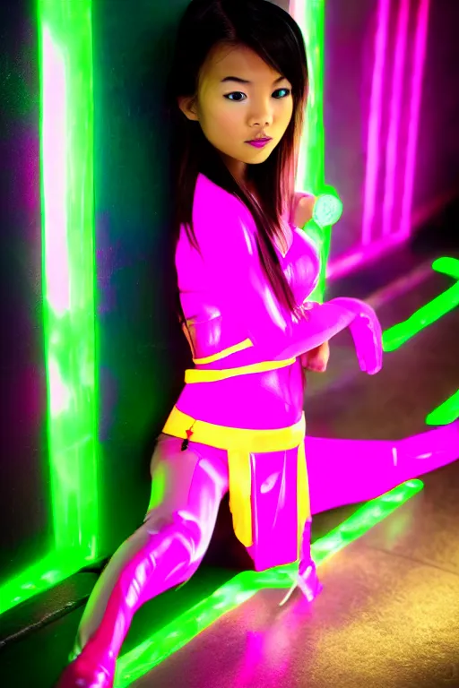 Prompt: young asian princess in neon cyberninja suite