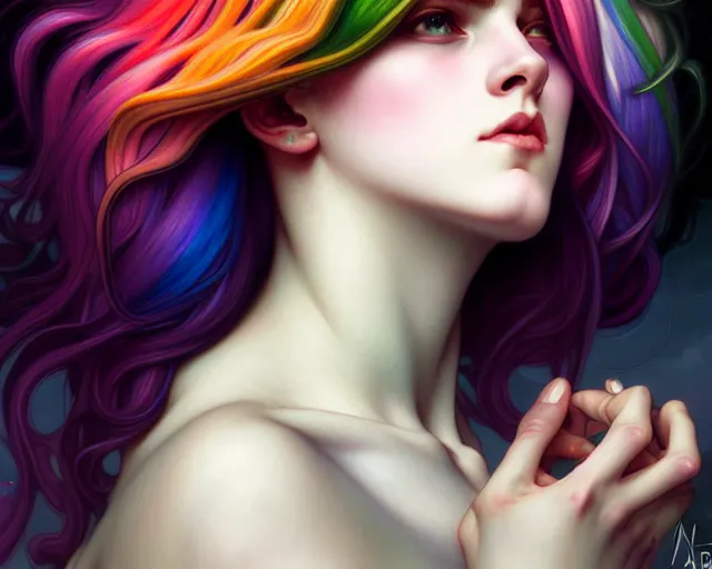 Prompt: overlord, rainbow hair, portrait, highly detailed, deep focus, elegant, digital painting, smooth, sharp focus, illustration, ultra realistic, 8 k, art by artgerm and alphonse mucha and edgar maxence